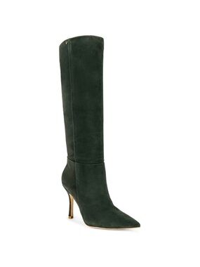 Larroude Kate Pull On Pointed Toe Knee High Boots Suede Military Green Size 9